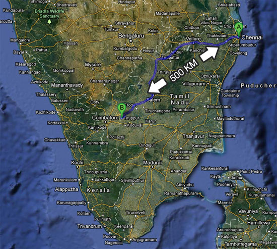 Map showing the distance from Chennai to Tiruppur