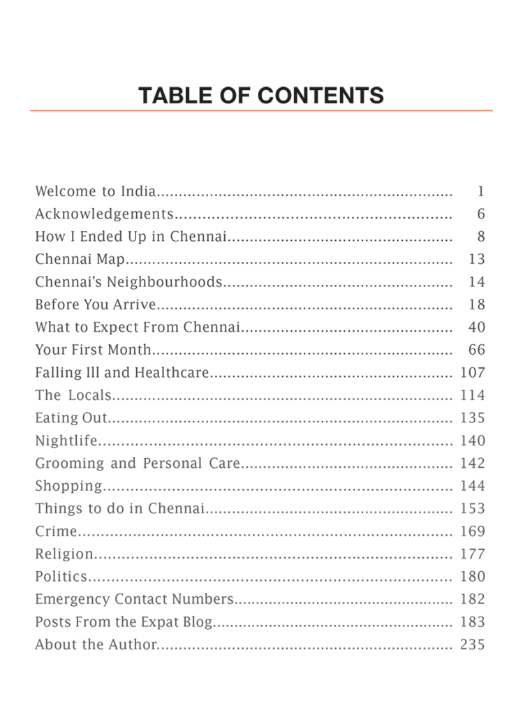 Chennai expat guide table of contents